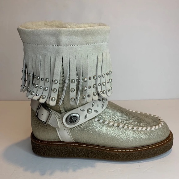 Coach Moccasin Fringe Natural Gold Leather Sheepskin Studded Moto Boots size 5 - Picture 3 of 13